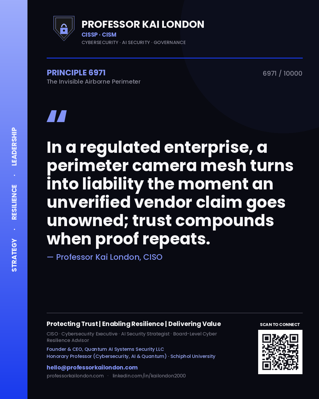 Quote card by Professor Kai London reading 'In a regulated enterprise, a perimeter camera mesh turns into liability the moment an unverified vendor claim goes unowned; trust compounds when proof repeats.'. From the book The Invisible Airborne Perimeter.