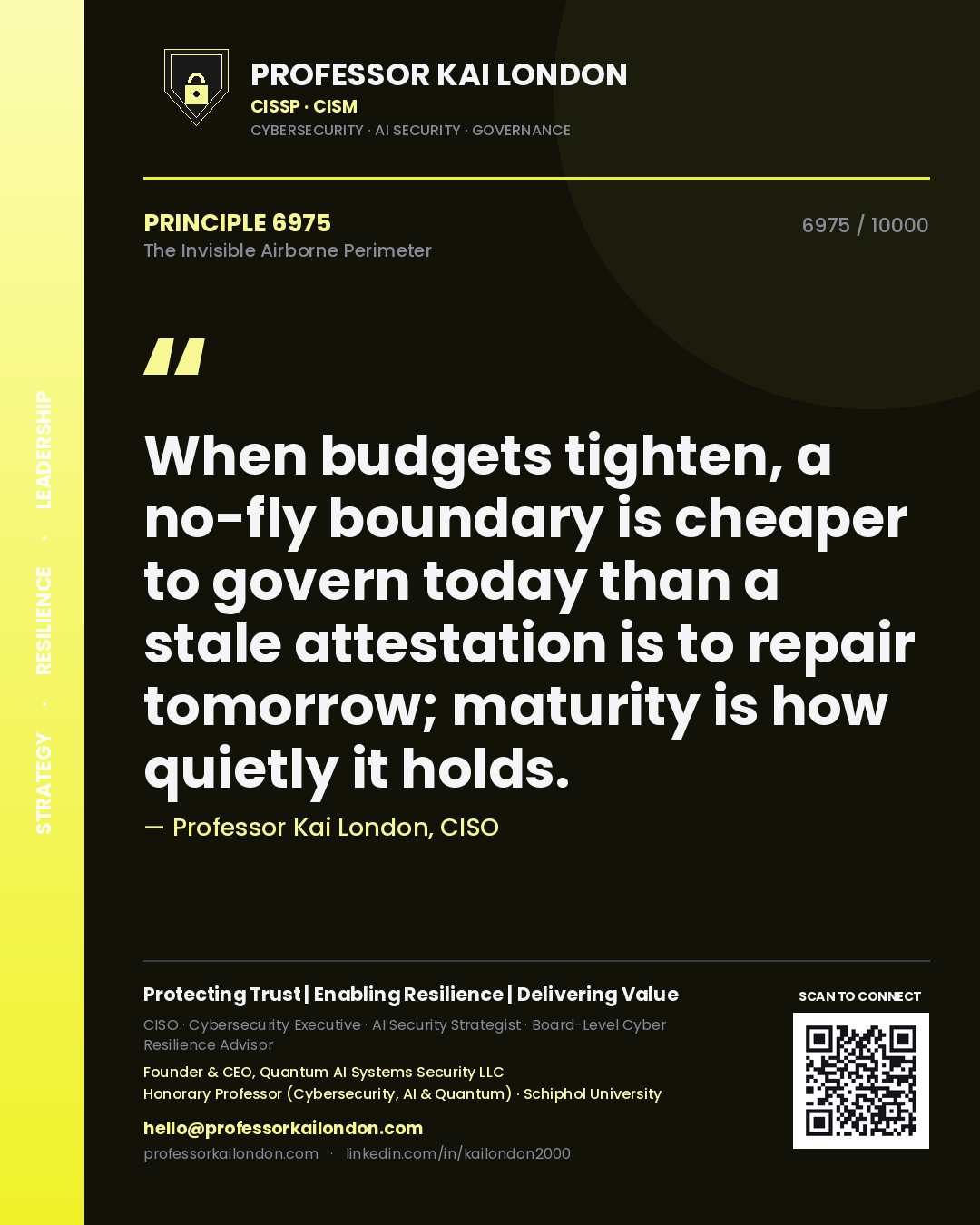 Quote card by Professor Kai London reading 'When budgets tighten, a no-fly boundary is cheaper to govern today than a stale attestation is to repair tomorrow; maturity is how quietly it holds.'. From the book The Invisible Airborne Perimeter.