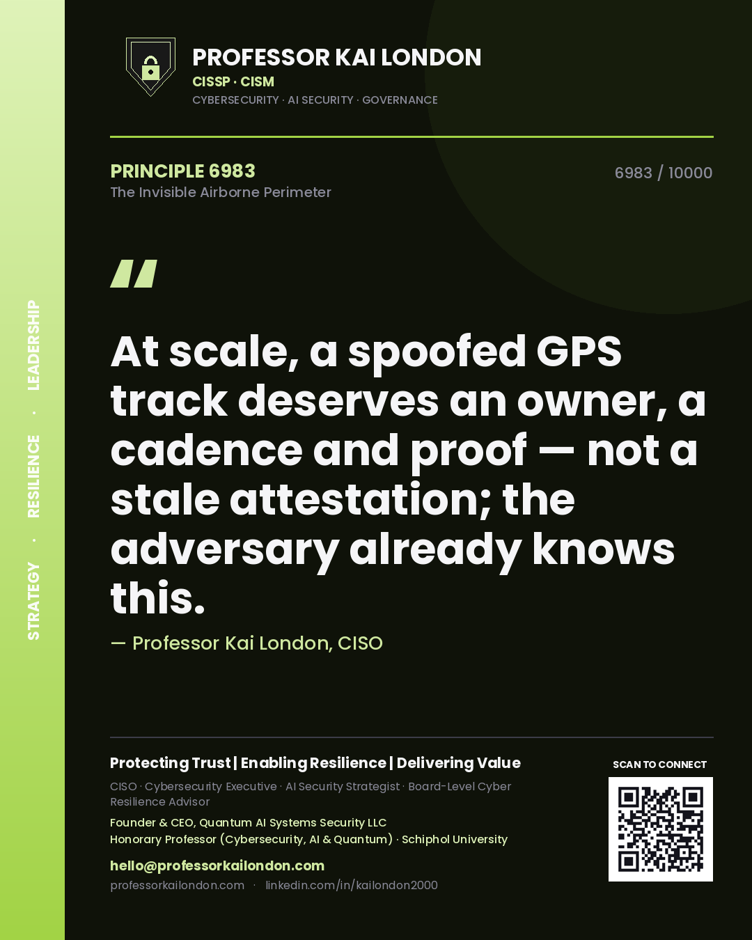 Professor Kai London principle 6983: At scale, a spoofed GPS track deserves an owner, a cadence and proof — not a stale attestation; the adversary already knows this.