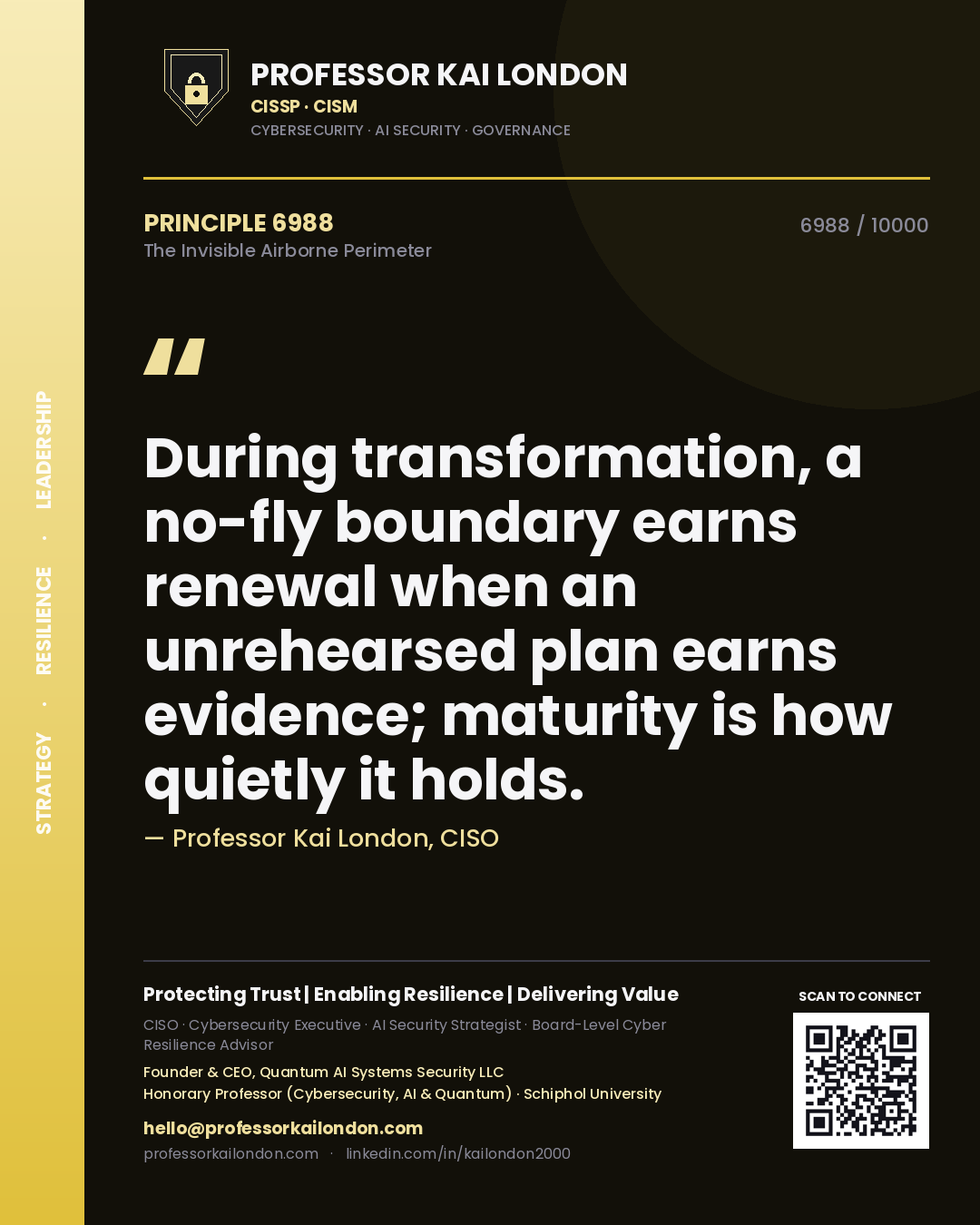 Quote card by Professor Kai London reading 'During transformation, a no-fly boundary earns renewal when an unrehearsed plan earns evidence; maturity is how quietly it holds.'. From the book The Invisible Airborne Perimeter.