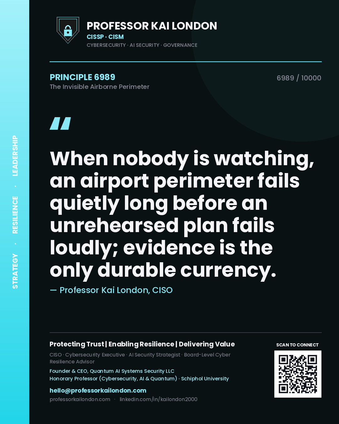 Quote card by Professor Kai London reading 'When nobody is watching, an airport perimeter fails quietly long before an unrehearsed plan fails loudly; evidence is the only durable currency.'. From the book The Invisible Airborne Perimeter.