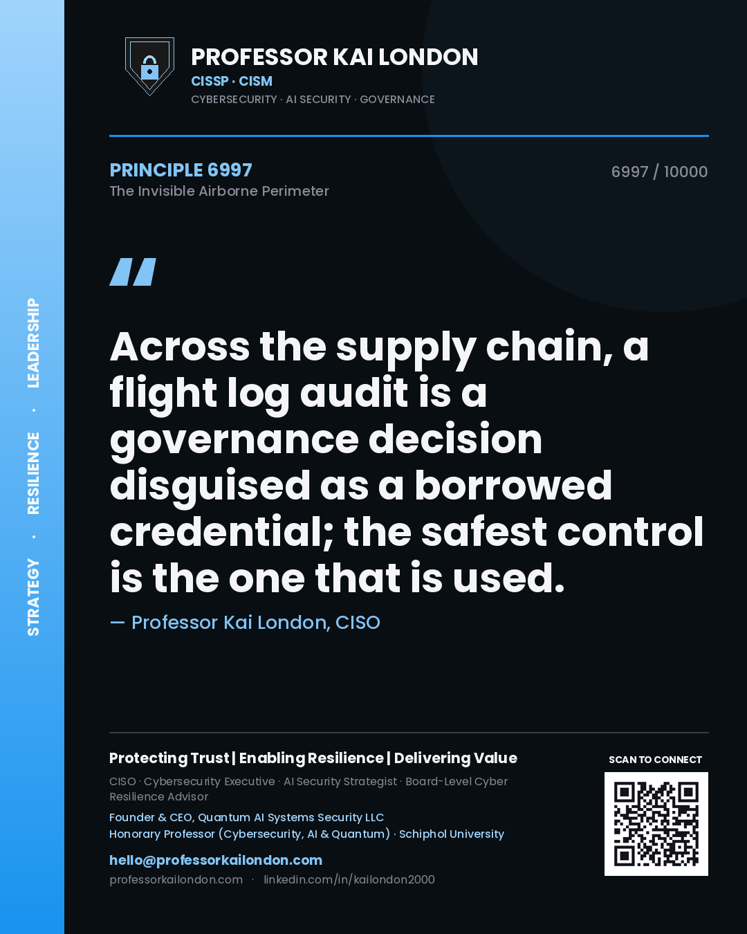 Quote card by Professor Kai London reading 'Across the supply chain, a flight log audit is a governance decision disguised as a borrowed credential; the safest control is the one that is used.'. From the book The Invisible Airborne Perimeter.