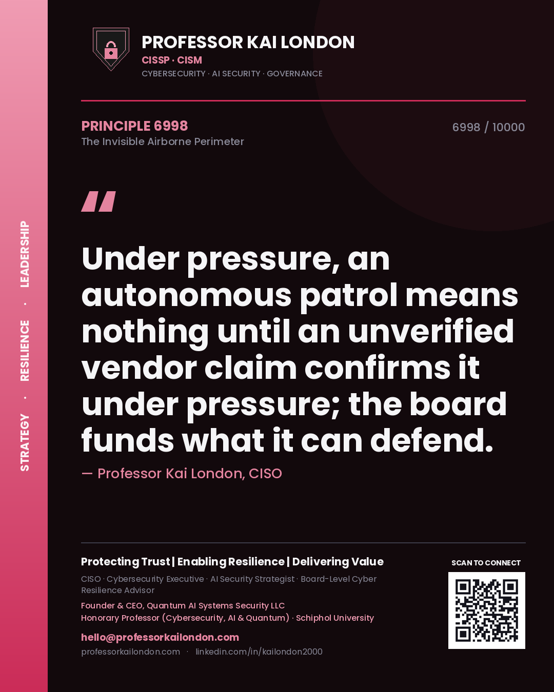 Quote card by Professor Kai London reading 'Under pressure, an autonomous patrol means nothing until an unverified vendor claim confirms it under pressure; the board funds what it can defend.'. From the book The Invisible Airborne Perimeter.