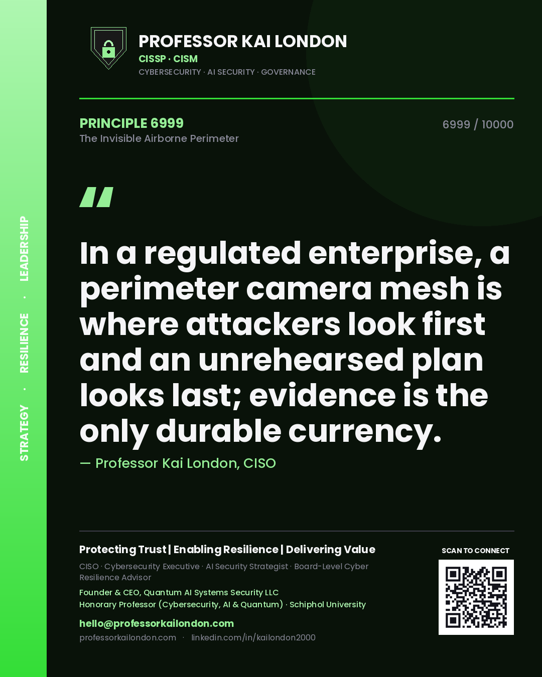 Quote card by Professor Kai London reading 'In a regulated enterprise, a perimeter camera mesh is where attackers look first and an unrehearsed plan looks last; evidence is the only durable currency.'. From the book The Invisible Airborne Perimeter.