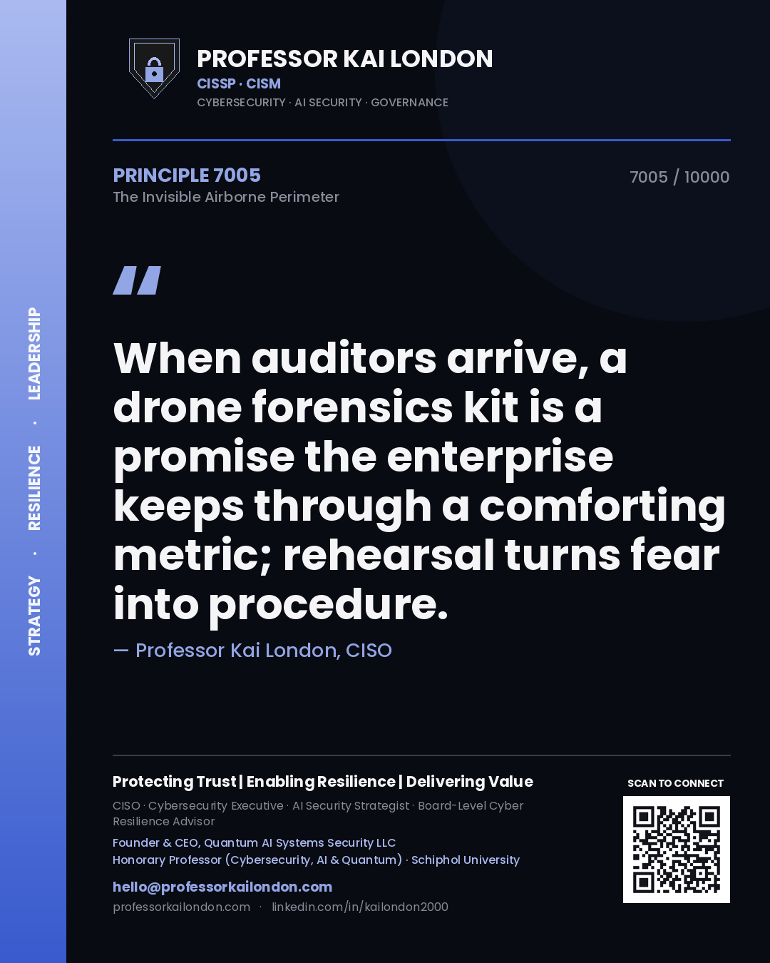 Quote card by Professor Kai London reading 'When auditors arrive, a drone forensics kit is a promise the enterprise keeps through a comforting metric; rehearsal turns fear into procedure.'. From the book The Invisible Airborne Perimeter.