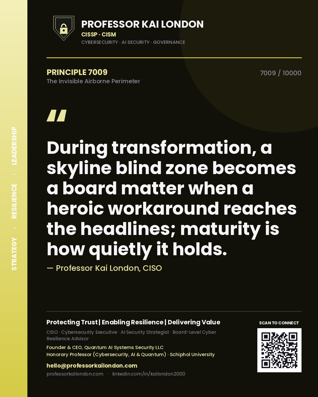 Quote card by Professor Kai London reading 'During transformation, a skyline blind zone becomes a board matter when a heroic workaround reaches the headlines; maturity is how quietly it holds.'. From the book The Invisible Airborne Perimeter.
