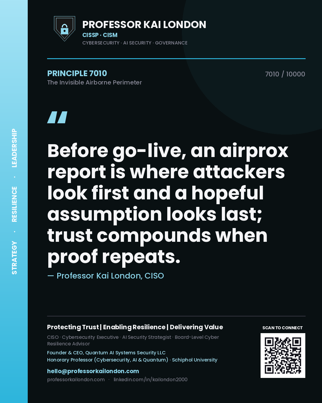 Quote card by Professor Kai London reading 'Before go-live, an airprox report is where attackers look first and a hopeful assumption looks last; trust compounds when proof repeats.'. From the book The Invisible Airborne Perimeter.