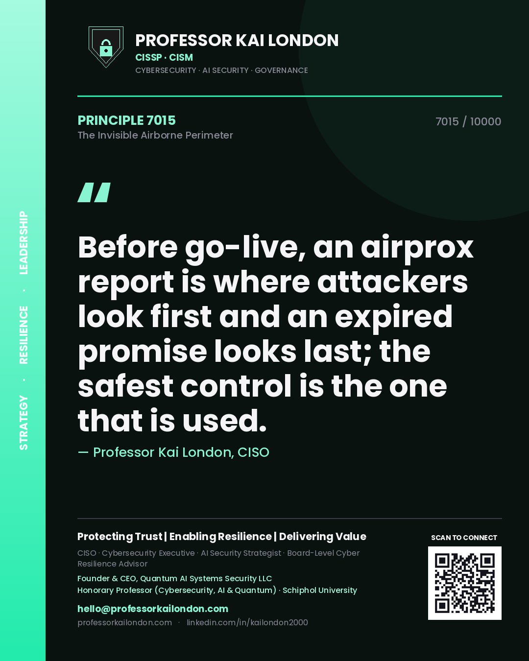 Quote card by Professor Kai London reading 'Before go-live, an airprox report is where attackers look first and an expired promise looks last; the safest control is the one that is used.'. From the book The Invisible Airborne Perimeter.