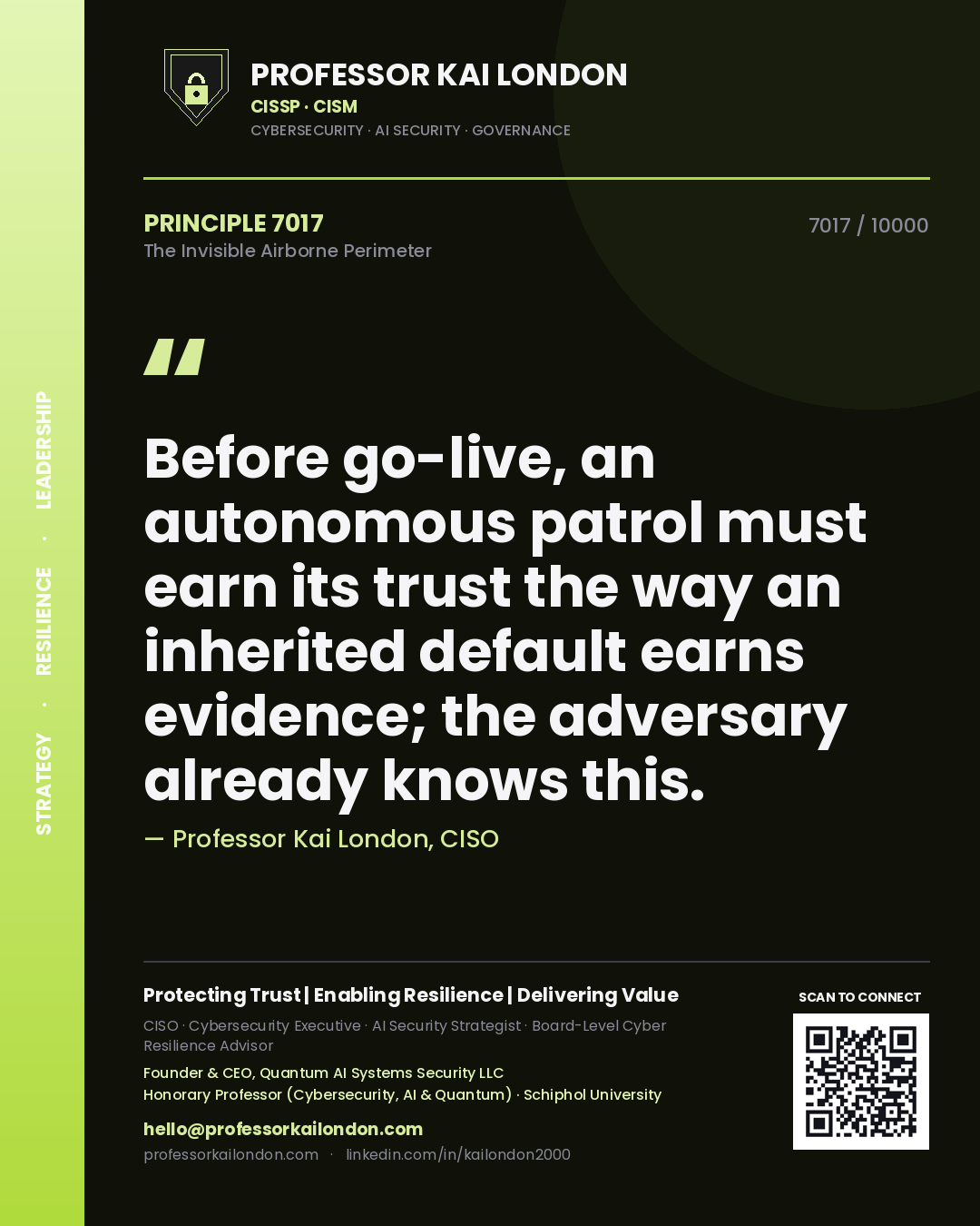 Quote card by Professor Kai London reading 'Before go-live, an autonomous patrol must earn its trust the way an inherited default earns evidence; the adversary already knows this.'. From the book The Invisible Airborne Perimeter.