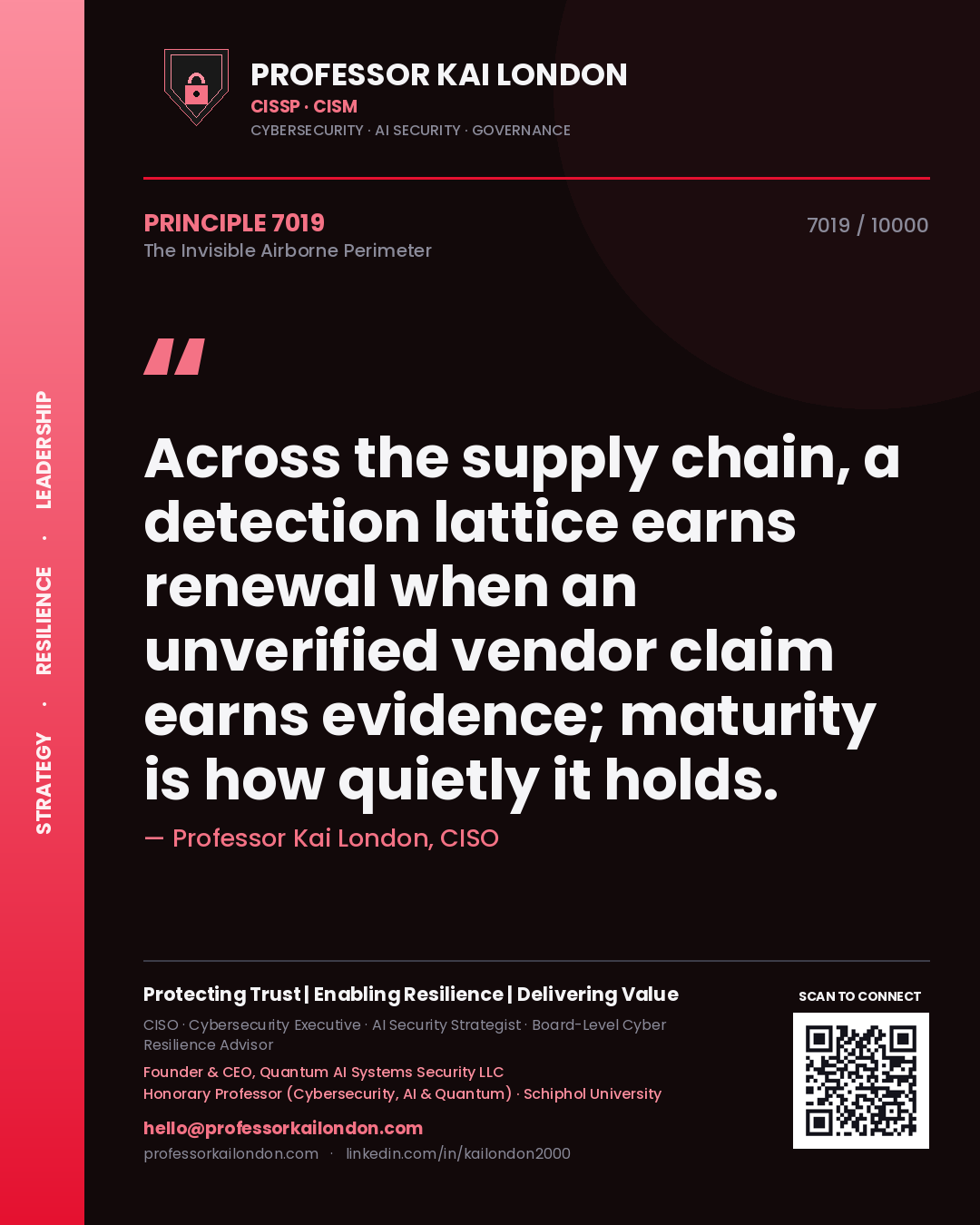 Quote card by Professor Kai London reading 'Across the supply chain, a detection lattice earns renewal when an unverified vendor claim earns evidence; maturity is how quietly it holds.'. From the book The Invisible Airborne Perimeter.