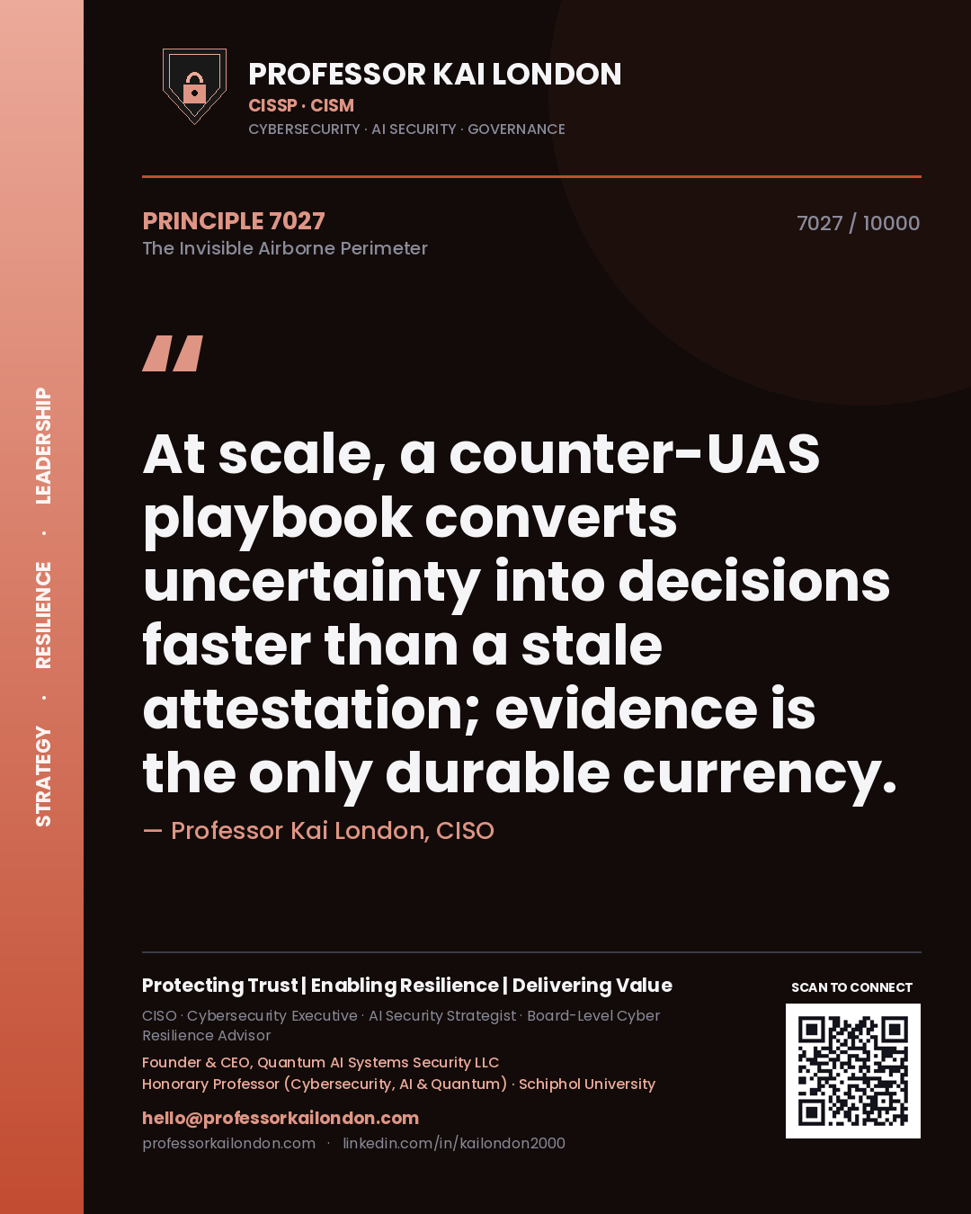 Quote card by Professor Kai London reading 'At scale, a counter-UAS playbook converts uncertainty into decisions faster than a stale attestation; evidence is the only durable currency.'. From the book The Invisible Airborne Perimeter.