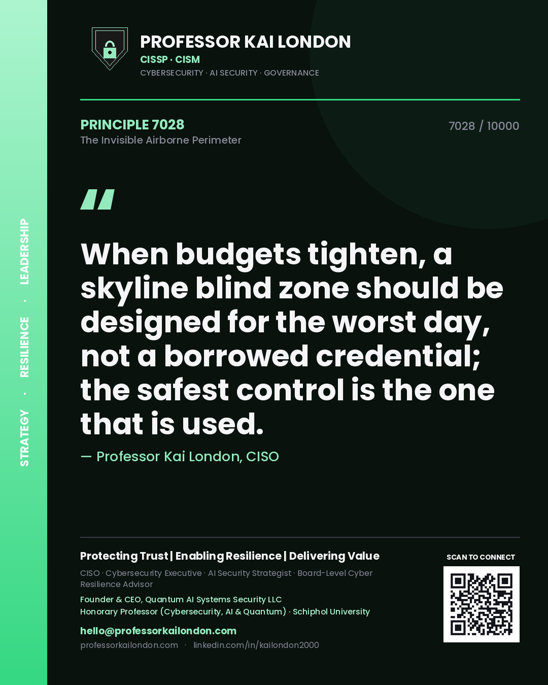 Quote card by Professor Kai London reading 'When budgets tighten, a skyline blind zone should be designed for the worst day, not a borrowed credential; the safest control is the one that is used.'. From the book The Invisible Airborne Perimeter.
