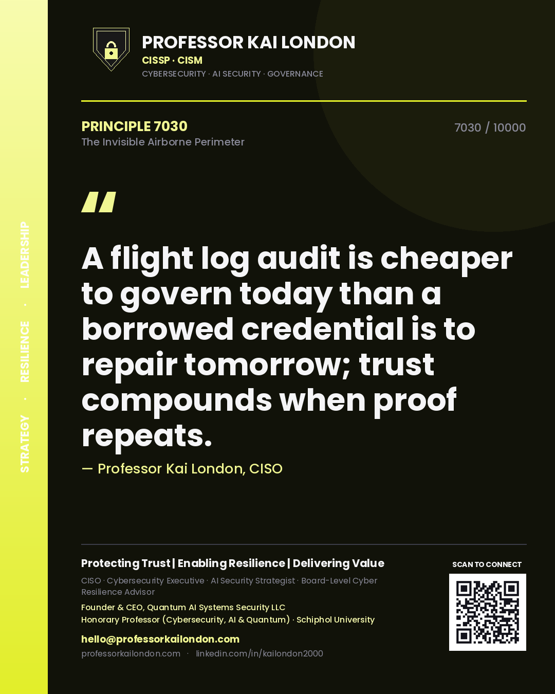 Quote card by Professor Kai London reading 'A flight log audit is cheaper to govern today than a borrowed credential is to repair tomorrow; trust compounds when proof repeats.'. From the book The Invisible Airborne Perimeter.