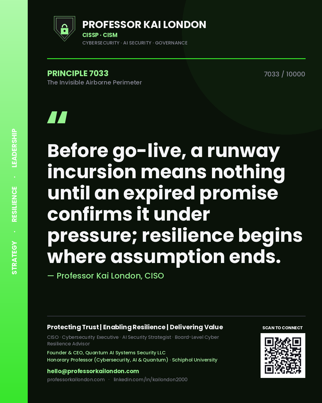 Quote card by Professor Kai London reading 'Before go-live, a runway incursion means nothing until an expired promise confirms it under pressure; resilience begins where assumption ends.'. From the book The Invisible Airborne Perimeter.