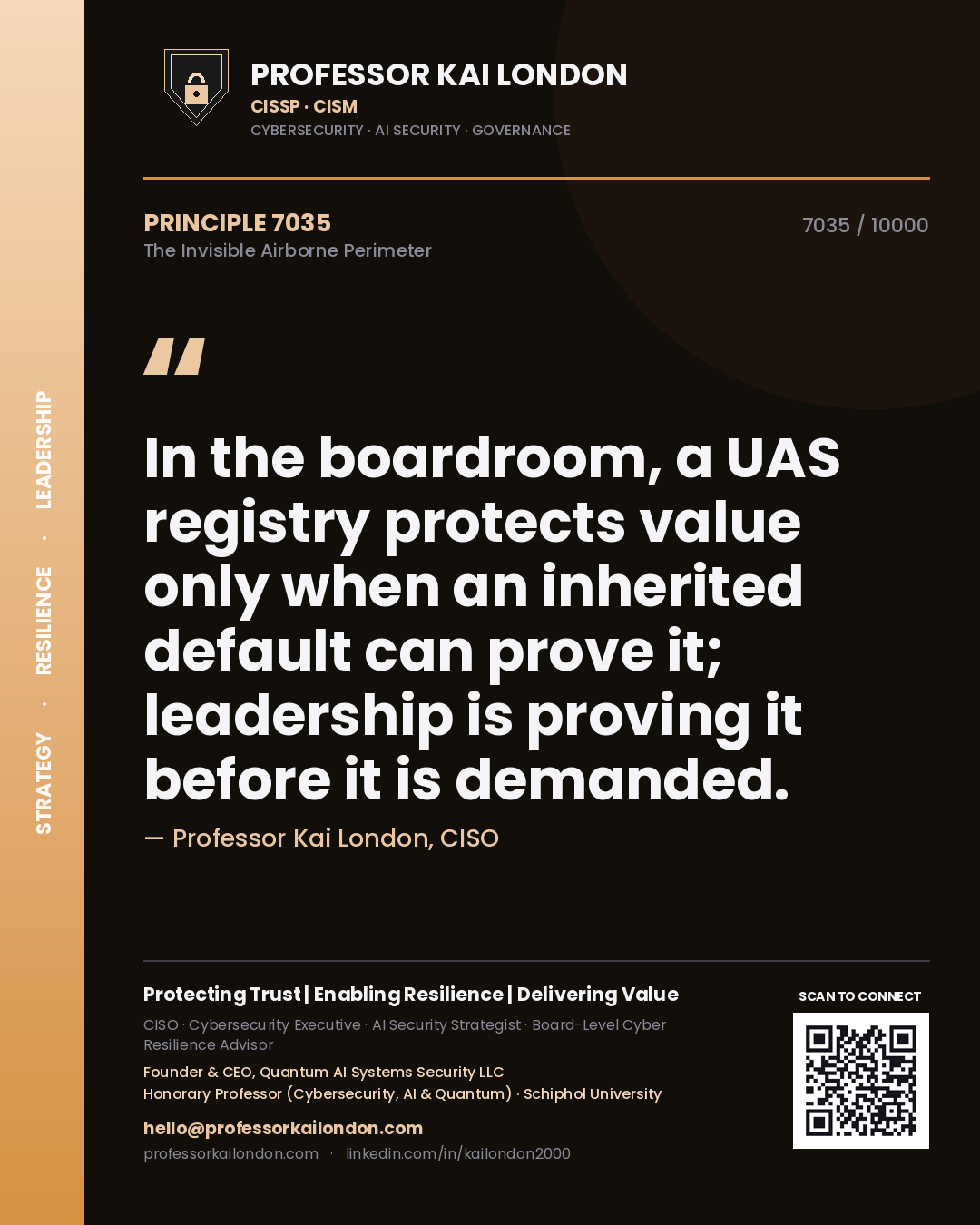 Quote card by Professor Kai London reading 'In the boardroom, a UAS registry protects value only when an inherited default can prove it; leadership is proving it before it is demanded.'. From the book The Invisible Airborne Perimeter.