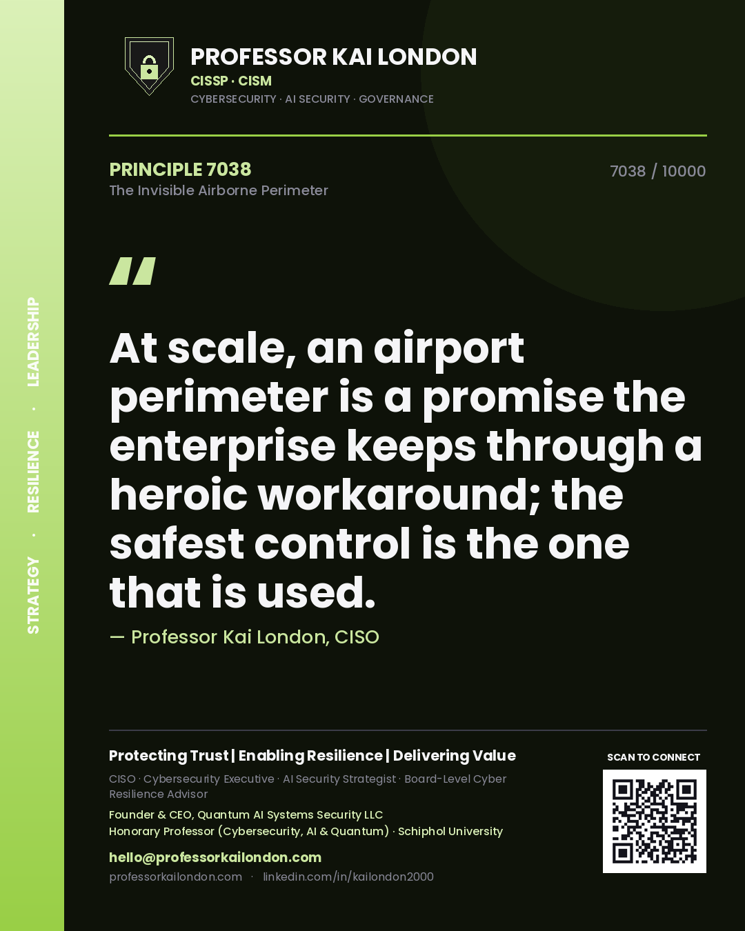 Quote card by Professor Kai London reading 'At scale, an airport perimeter is a promise the enterprise keeps through a heroic workaround; the safest control is the one that is used.'. From the book The Invisible Airborne Perimeter.