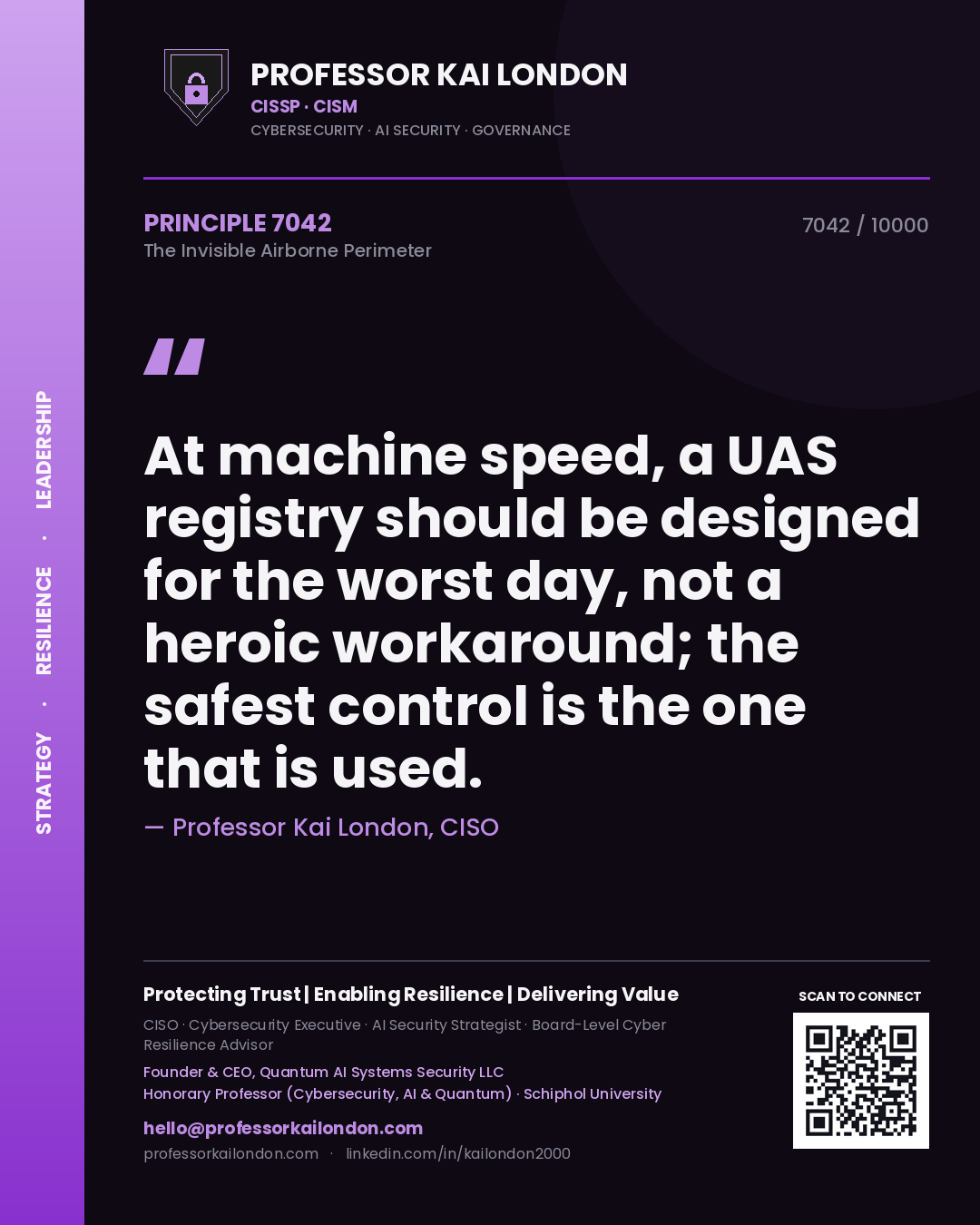 Quote card by Professor Kai London reading 'At machine speed, a UAS registry should be designed for the worst day, not a heroic workaround; the safest control is the one that is used.'. From the book The Invisible Airborne Perimeter.