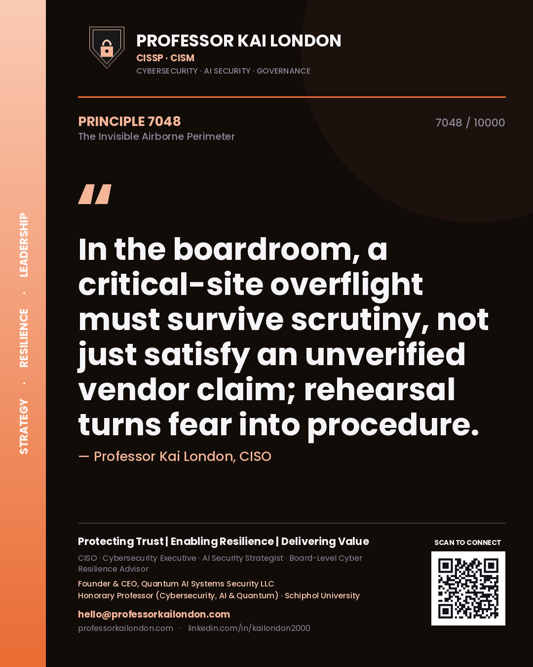 Quote card by Professor Kai London reading 'In the boardroom, a critical-site overflight must survive scrutiny, not just satisfy an unverified vendor claim; rehearsal turns fear into procedure.'. From the book The Invisible Airborne Perimeter.
