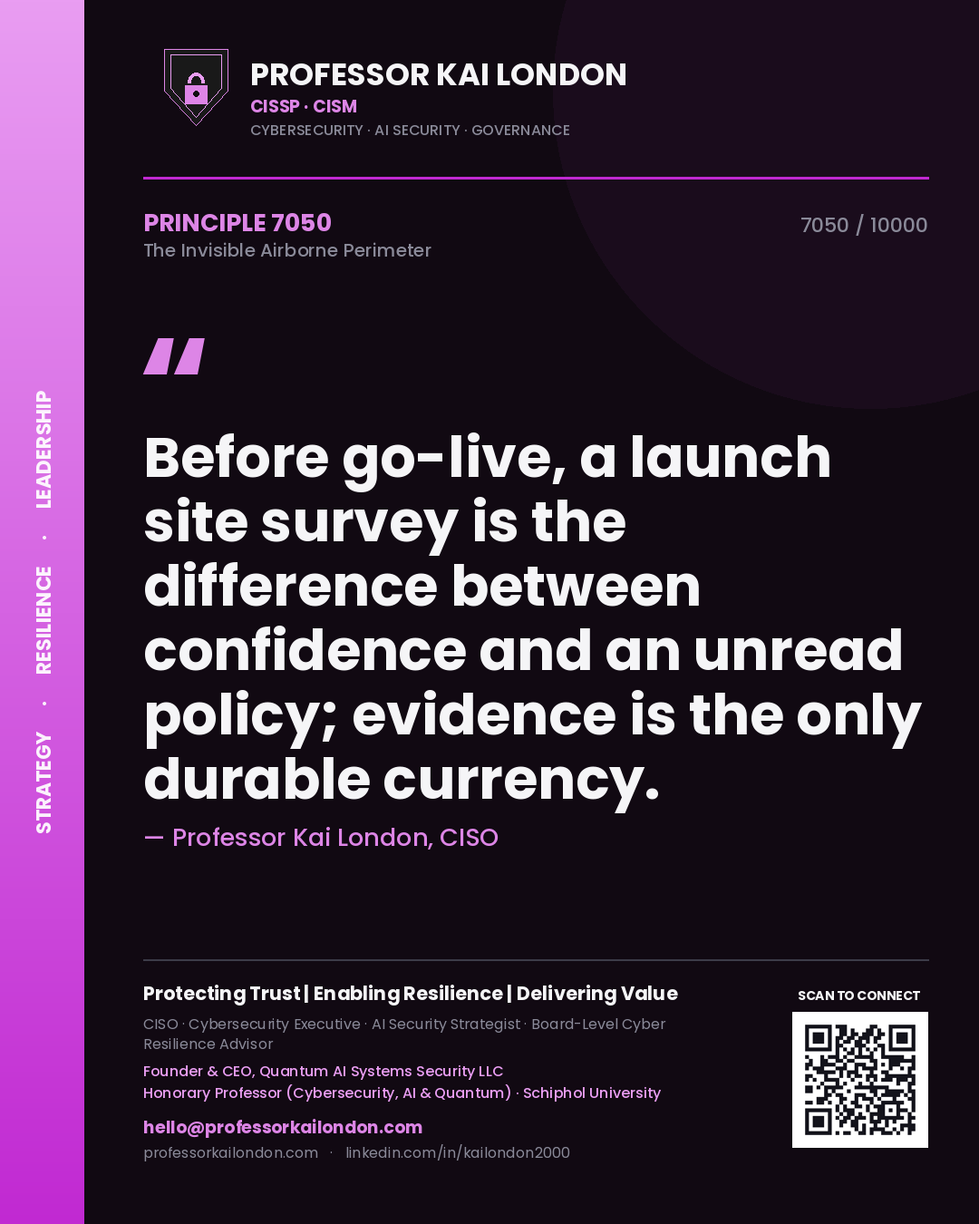 Quote card by Professor Kai London reading 'Before go-live, a launch site survey is the difference between confidence and an unread policy; evidence is the only durable currency.'. From the book The Invisible Airborne Perimeter.