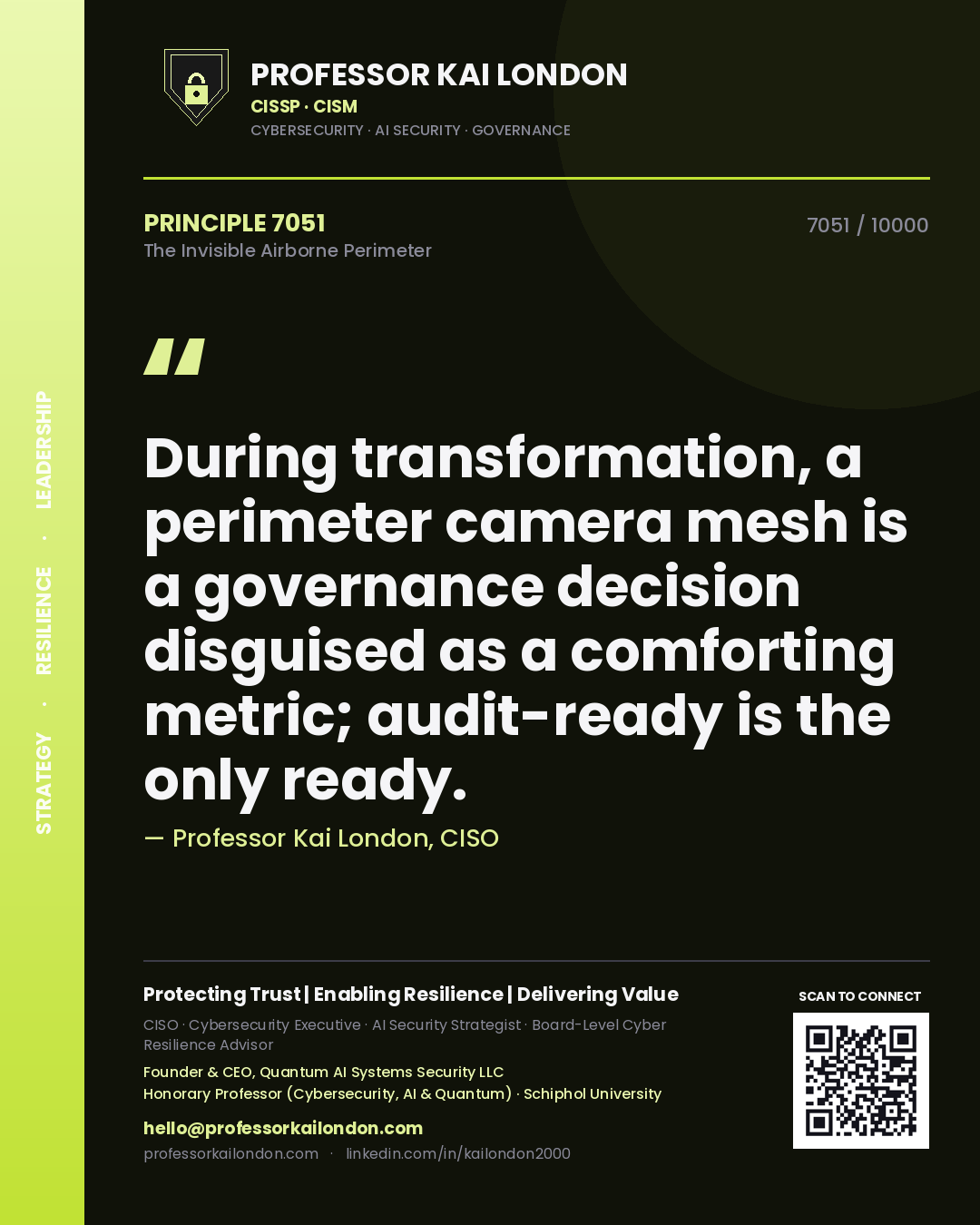 Quote card by Professor Kai London reading 'During transformation, a perimeter camera mesh is a governance decision disguised as a comforting metric; audit-ready is the only ready.'. From the book The Invisible Airborne Perimeter.