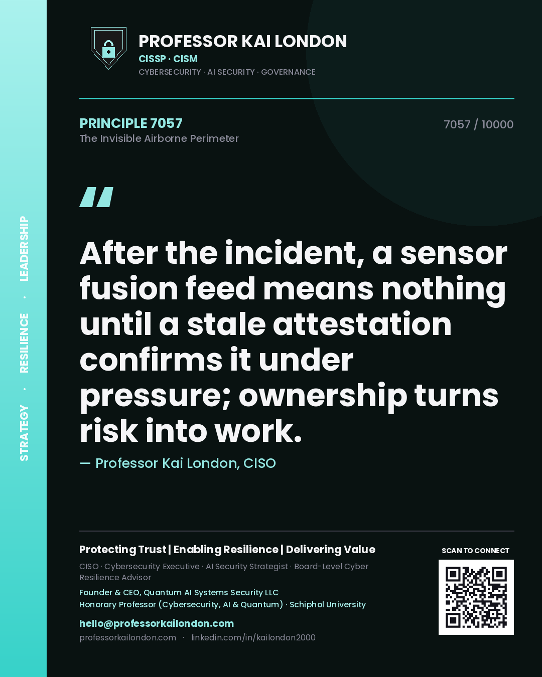 Quote card by Professor Kai London reading 'After the incident, a sensor fusion feed means nothing until a stale attestation confirms it under pressure; ownership turns risk into work.'. From the book The Invisible Airborne Perimeter.