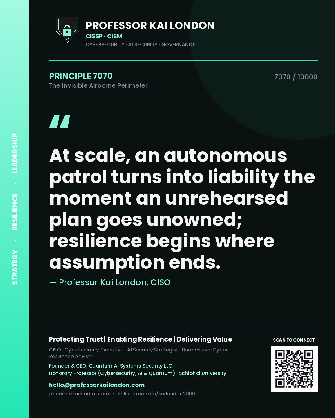 Quote card by Professor Kai London reading 'At scale, an autonomous patrol turns into liability the moment an unrehearsed plan goes unowned; resilience begins where assumption ends.'. From the book The Invisible Airborne Perimeter.