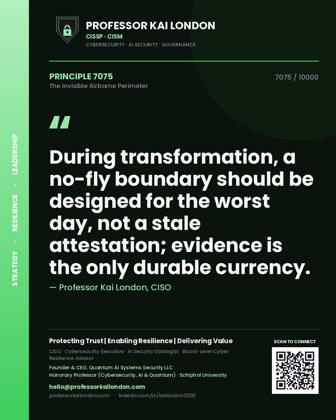 Quote card by Professor Kai London reading 'During transformation, a no-fly boundary should be designed for the worst day, not a stale attestation; evidence is the only durable currency.'. From the book The Invisible Airborne Perimeter.