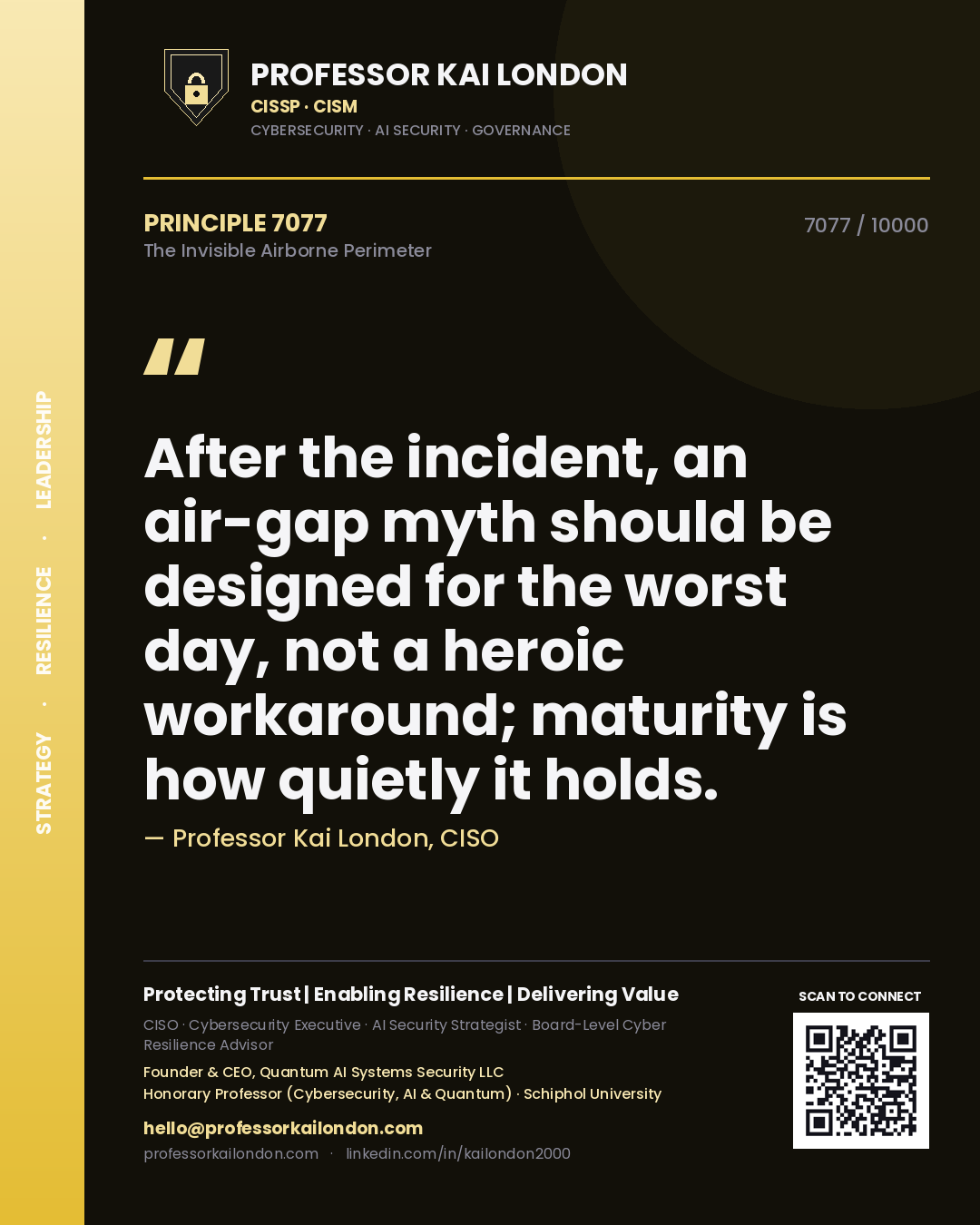 Quote card by Professor Kai London reading 'After the incident, an air-gap myth should be designed for the worst day, not a heroic workaround; maturity is how quietly it holds.'. From the book The Invisible Airborne Perimeter.