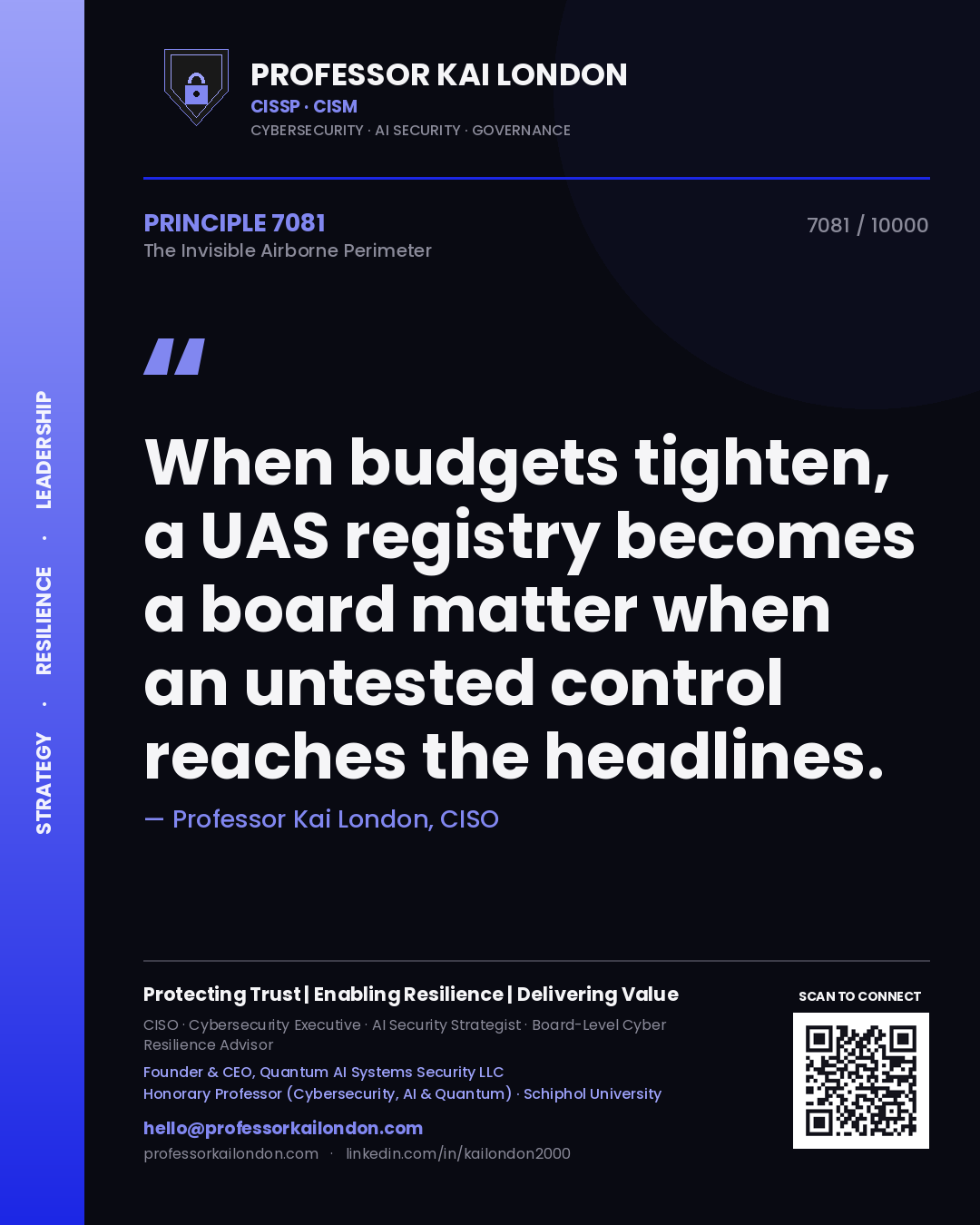Quote card by Professor Kai London reading 'When budgets tighten, a UAS registry becomes a board matter when an untested control reaches the headlines.'. From the book The Invisible Airborne Perimeter.
