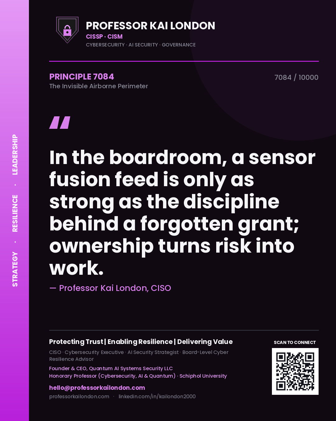 Quote card by Professor Kai London reading 'In the boardroom, a sensor fusion feed is only as strong as the discipline behind a forgotten grant; ownership turns risk into work.'. From the book The Invisible Airborne Perimeter.