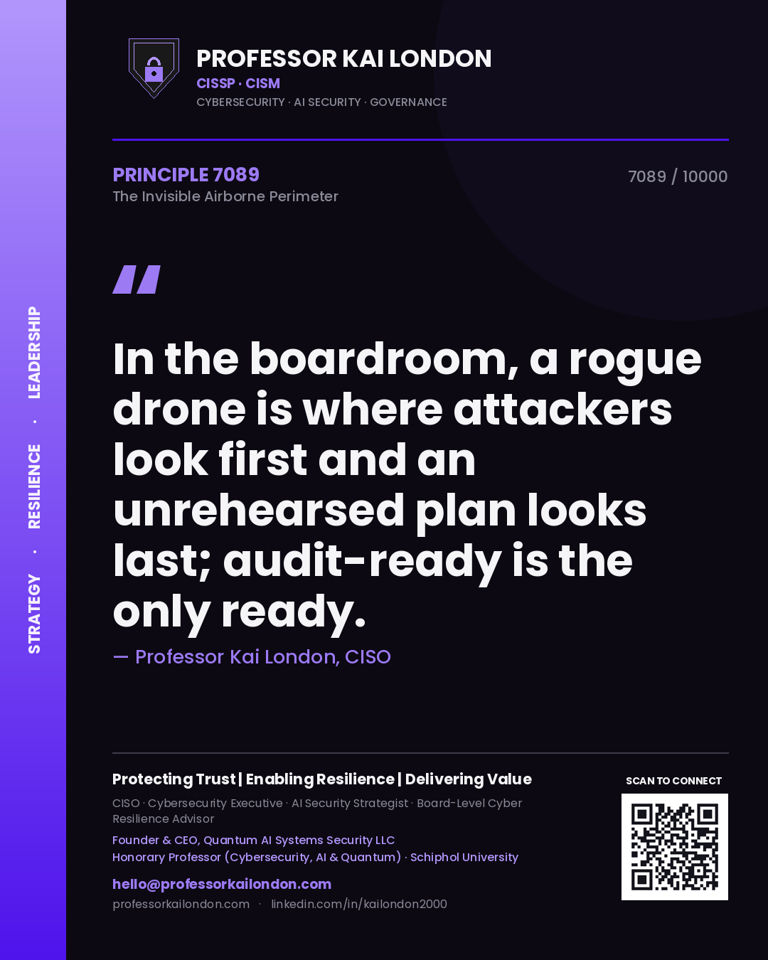Quote card by Professor Kai London reading 'In the boardroom, a rogue drone is where attackers look first and an unrehearsed plan looks last; audit-ready is the only ready.'. From the book The Invisible Airborne Perimeter.