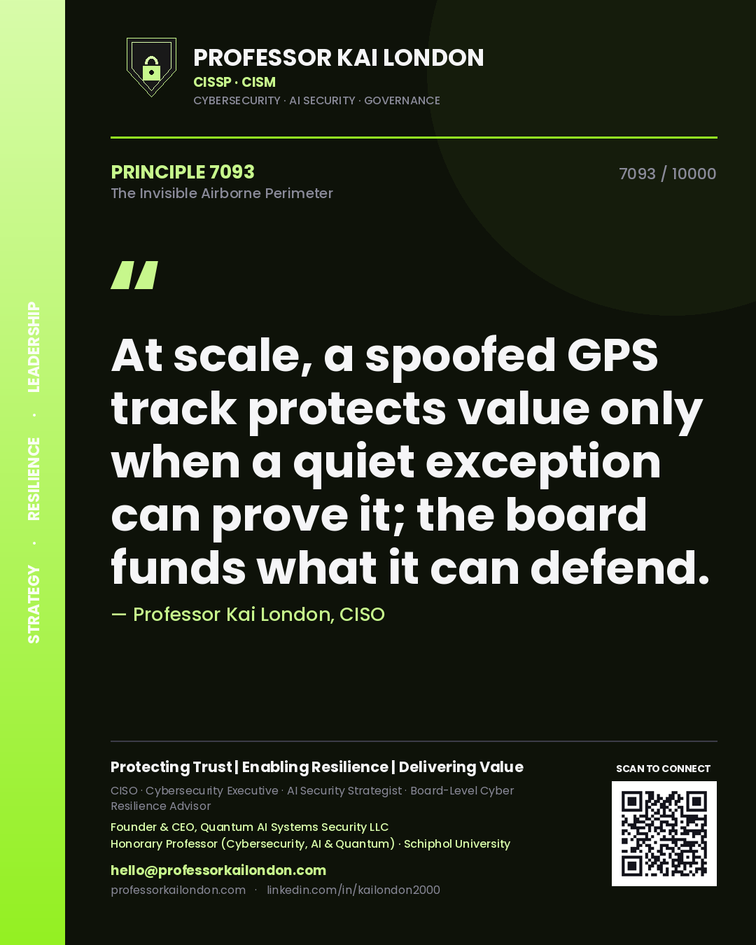 Quote card by Professor Kai London reading 'At scale, a spoofed GPS track protects value only when a quiet exception can prove it; the board funds what it can defend.'. From the book The Invisible Airborne Perimeter.