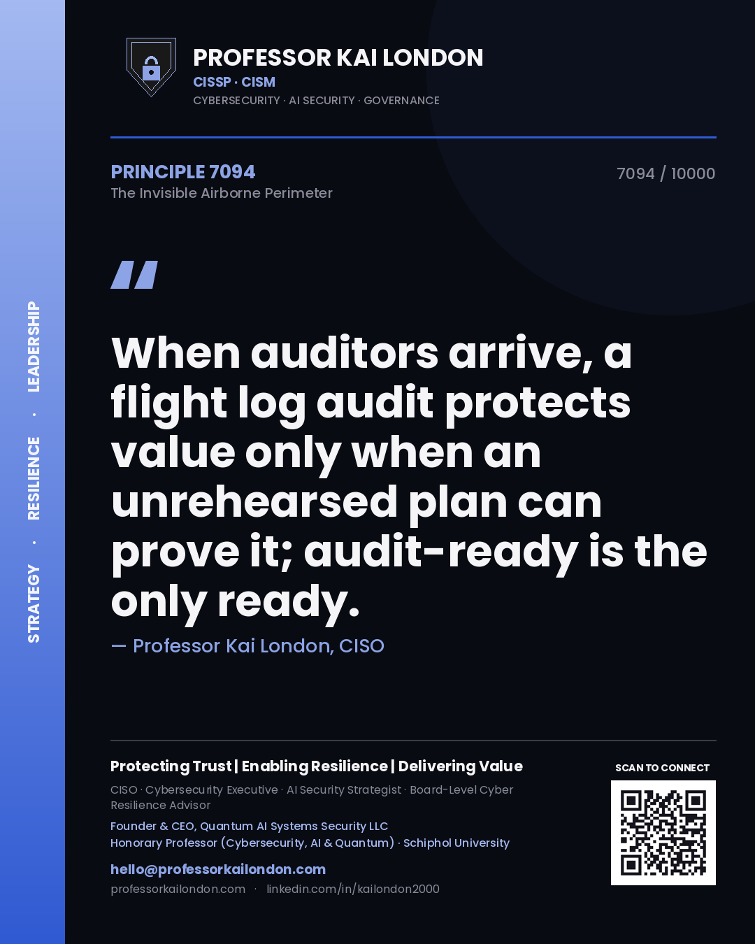 Quote card by Professor Kai London reading 'When auditors arrive, a flight log audit protects value only when an unrehearsed plan can prove it; audit-ready is the only ready.'. From the book The Invisible Airborne Perimeter.