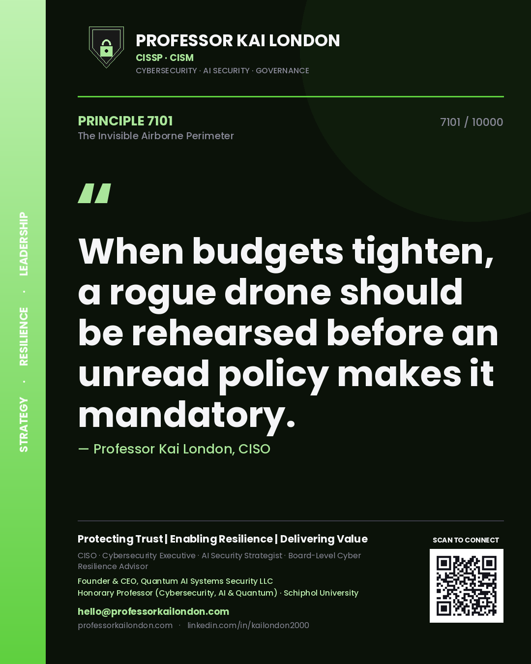 Quote card by Professor Kai London reading 'When budgets tighten, a rogue drone should be rehearsed before an unread policy makes it mandatory.'. From the book The Invisible Airborne Perimeter.