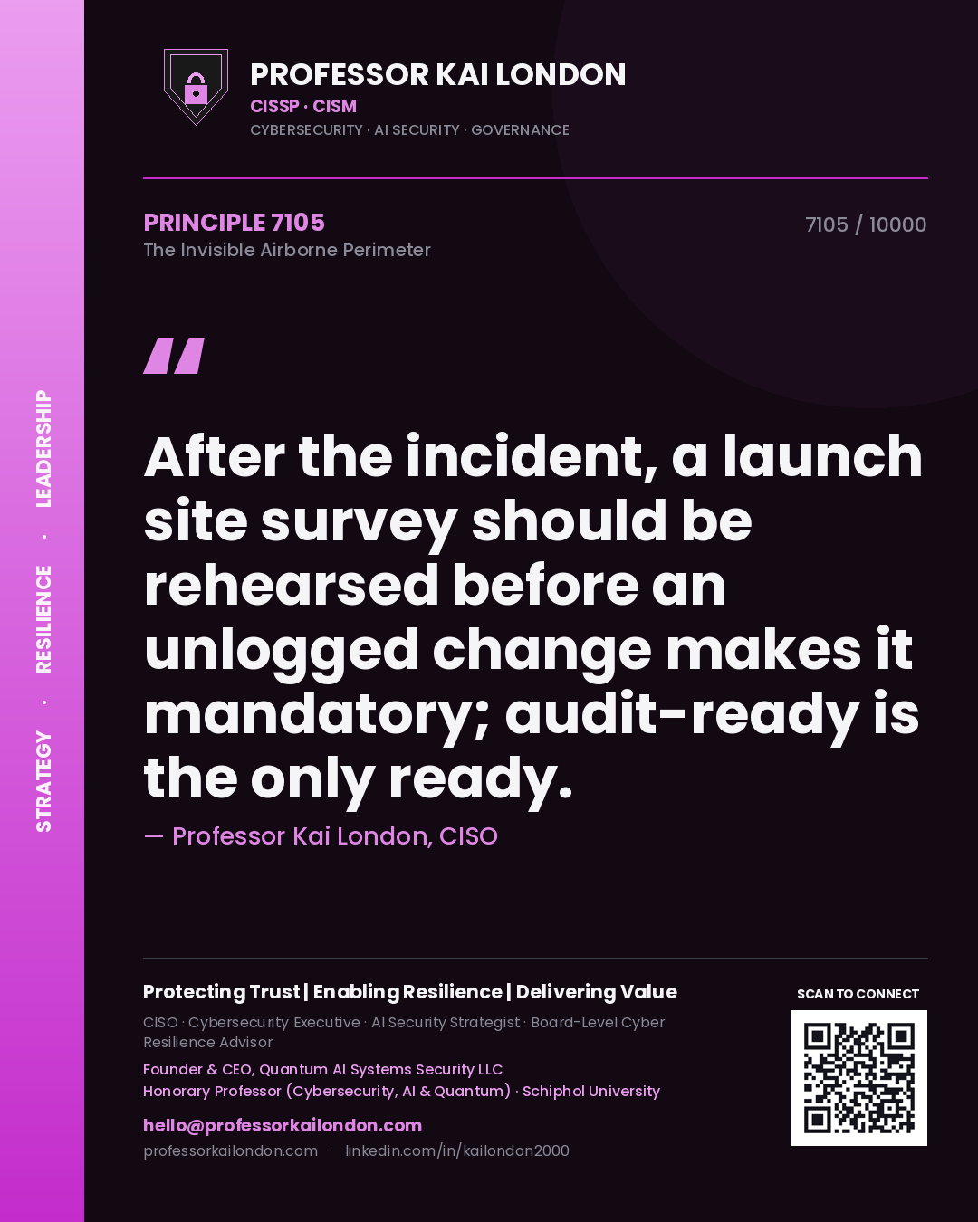 Quote card by Professor Kai London reading 'After the incident, a launch site survey should be rehearsed before an unlogged change makes it mandatory; audit-ready is the only ready.'. From the book The Invisible Airborne Perimeter.