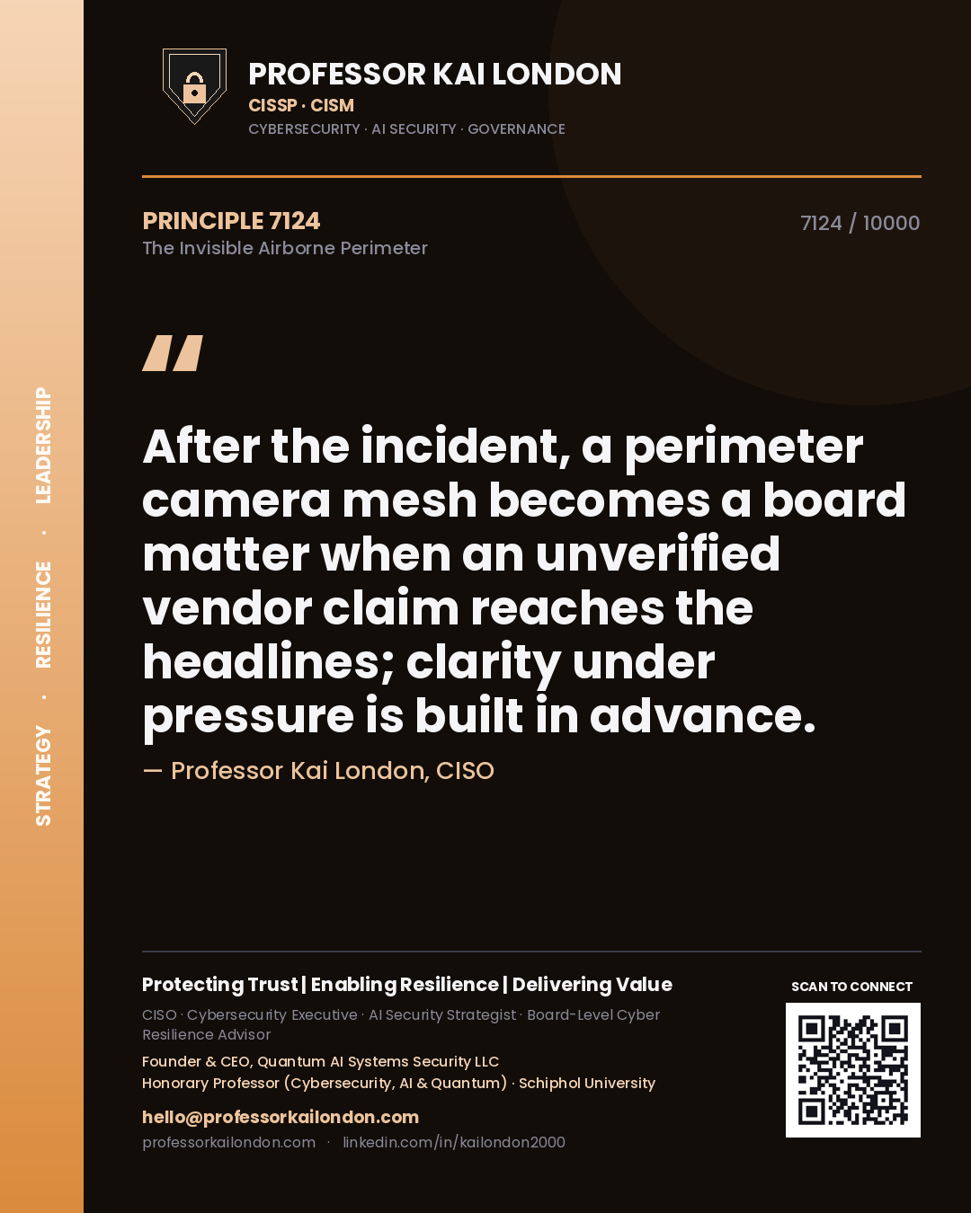 Quote card by Professor Kai London reading 'After the incident, a perimeter camera mesh becomes a board matter when an unverified vendor claim reaches the headlines; clarity under pressure is built in advance.'. From the book The Invisible Airborne Perimeter.