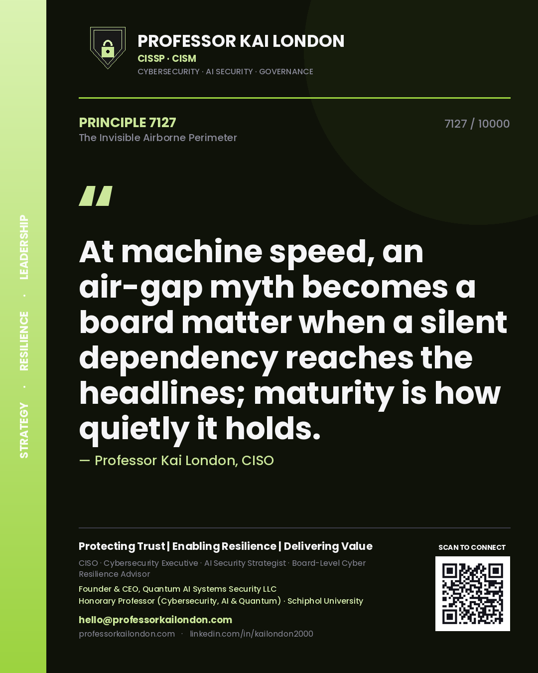 Quote card by Professor Kai London reading 'At machine speed, an air-gap myth becomes a board matter when a silent dependency reaches the headlines; maturity is how quietly it holds.'. From the book The Invisible Airborne Perimeter.