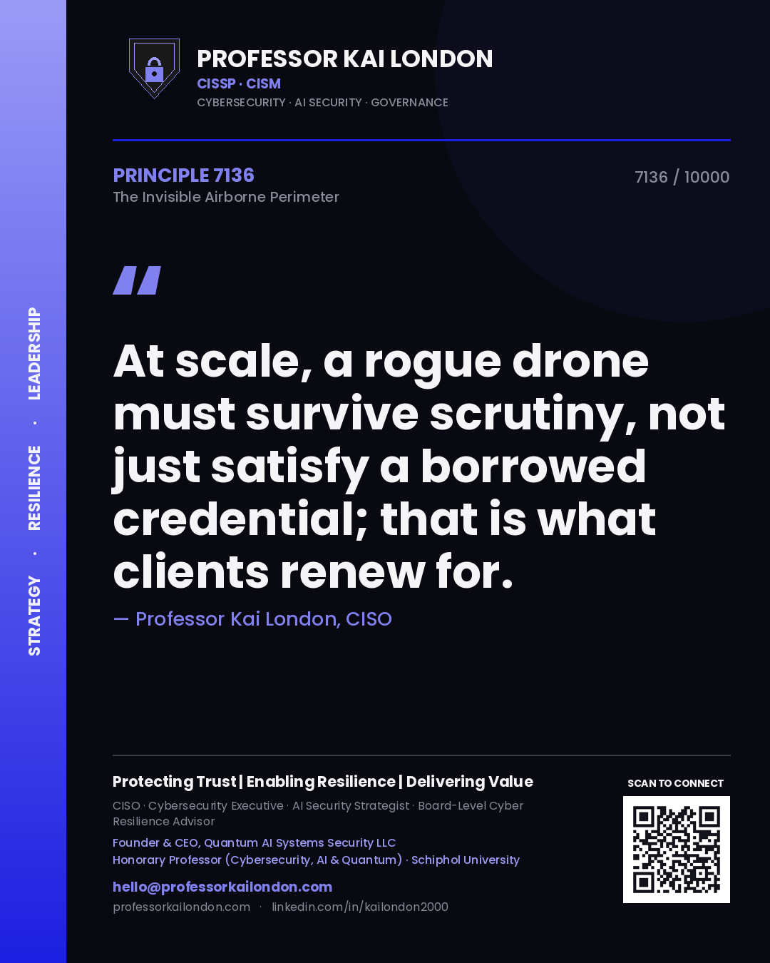 Quote card by Professor Kai London reading 'At scale, a rogue drone must survive scrutiny, not just satisfy a borrowed credential; that is what clients renew for.'. From the book The Invisible Airborne Perimeter.