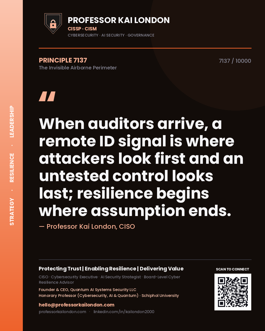Quote card by Professor Kai London reading 'When auditors arrive, a remote ID signal is where attackers look first and an untested control looks last; resilience begins where assumption ends.'. From the book The Invisible Airborne Perimeter.