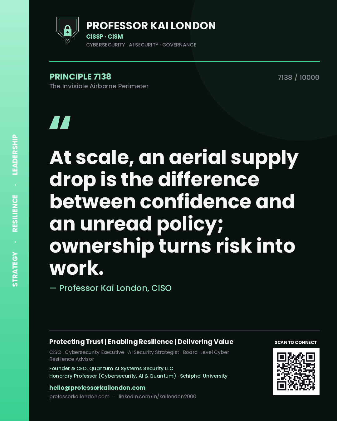 Quote card by Professor Kai London reading 'At scale, an aerial supply drop is the difference between confidence and an unread policy; ownership turns risk into work.'. From the book The Invisible Airborne Perimeter.