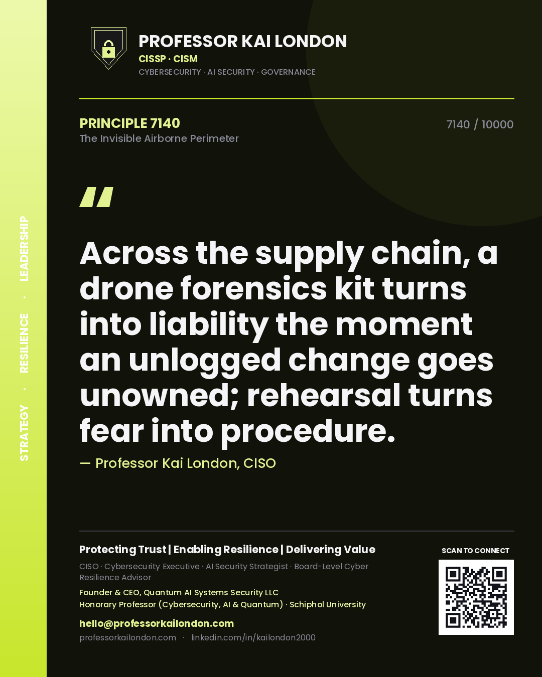 Quote card by Professor Kai London reading 'Across the supply chain, a drone forensics kit turns into liability the moment an unlogged change goes unowned; rehearsal turns fear into procedure.'. From the book The Invisible Airborne Perimeter.