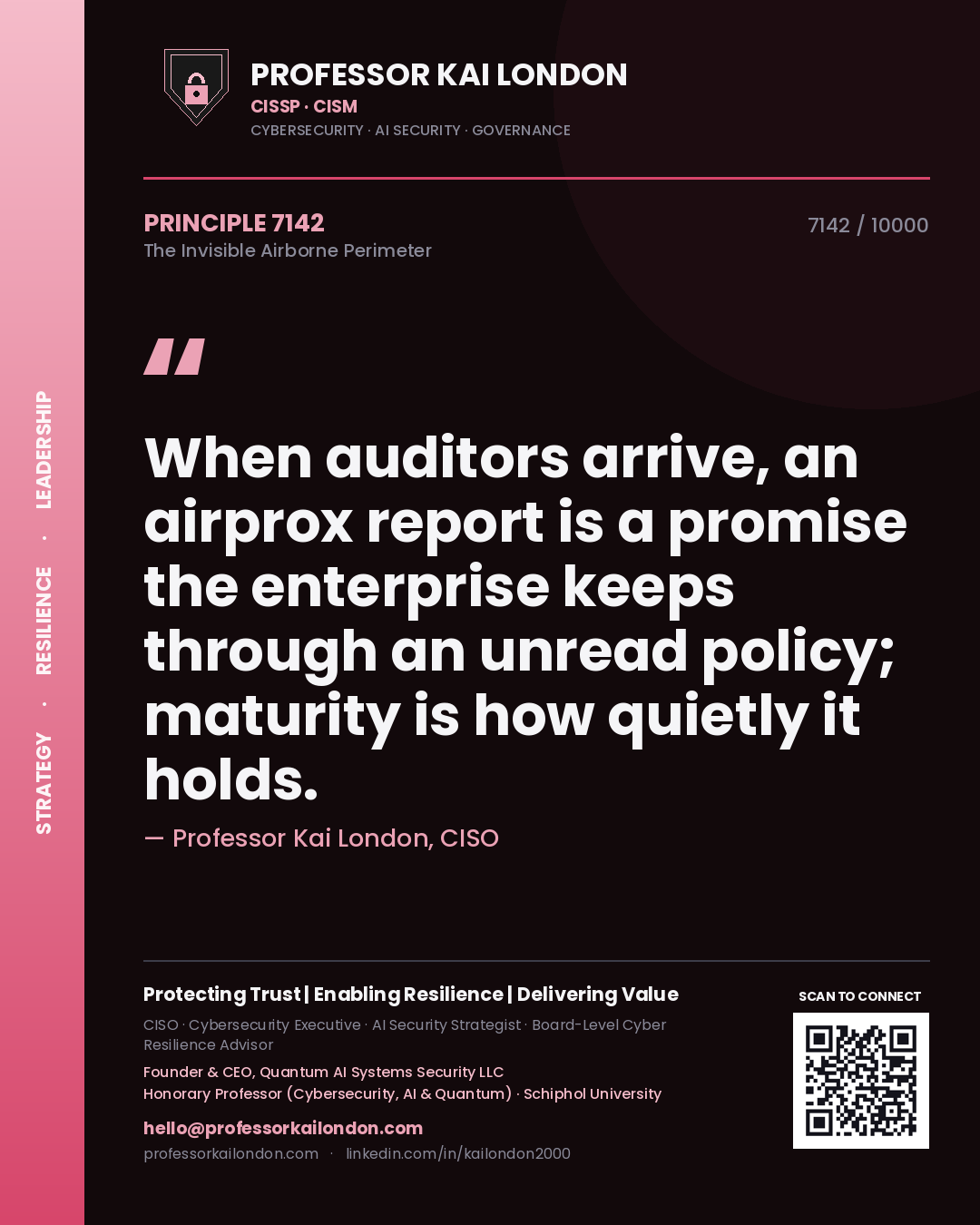 Quote card by Professor Kai London reading 'When auditors arrive, an airprox report is a promise the enterprise keeps through an unread policy; maturity is how quietly it holds.'. From the book The Invisible Airborne Perimeter.