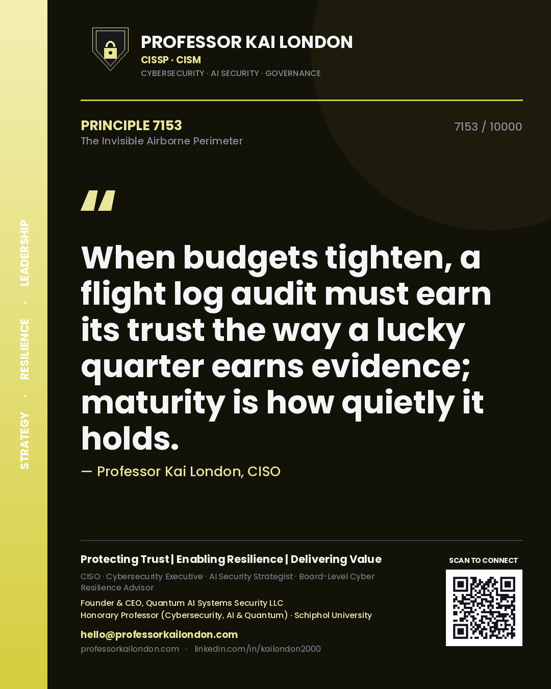 Quote card by Professor Kai London reading 'When budgets tighten, a flight log audit must earn its trust the way a lucky quarter earns evidence; maturity is how quietly it holds.'. From the book The Invisible Airborne Perimeter.