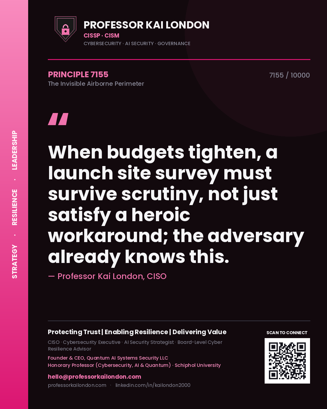 Quote card by Professor Kai London reading 'When budgets tighten, a launch site survey must survive scrutiny, not just satisfy a heroic workaround; the adversary already knows this.'. From the book The Invisible Airborne Perimeter.
