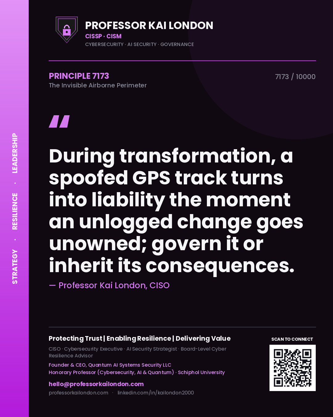 Quote card by Professor Kai London reading 'During transformation, a spoofed GPS track turns into liability the moment an unlogged change goes unowned; govern it or inherit its consequences.'. From the book The Invisible Airborne Perimeter.
