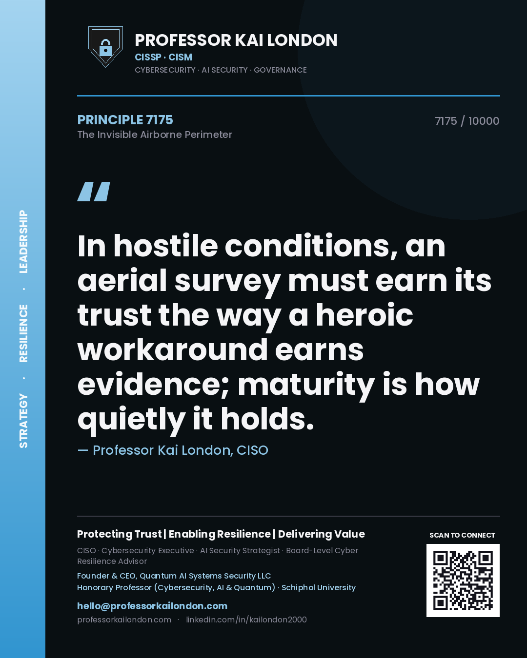 Quote card by Professor Kai London reading 'In hostile conditions, an aerial survey must earn its trust the way a heroic workaround earns evidence; maturity is how quietly it holds.'. From the book The Invisible Airborne Perimeter.