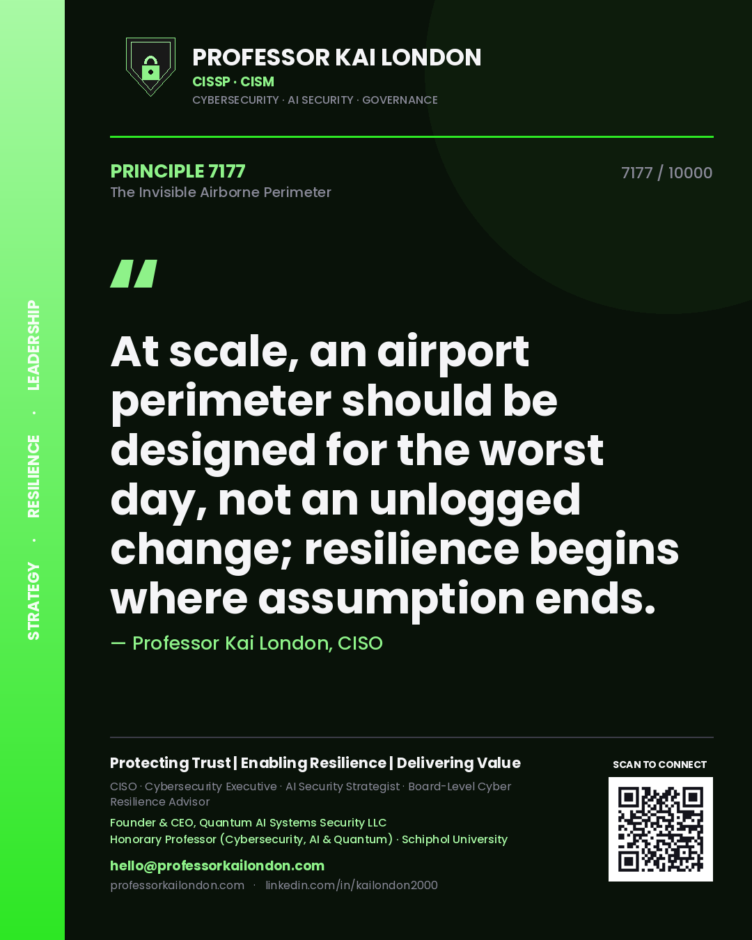 Quote card by Professor Kai London reading 'At scale, an airport perimeter should be designed for the worst day, not an unlogged change; resilience begins where assumption ends.'. From the book The Invisible Airborne Perimeter.