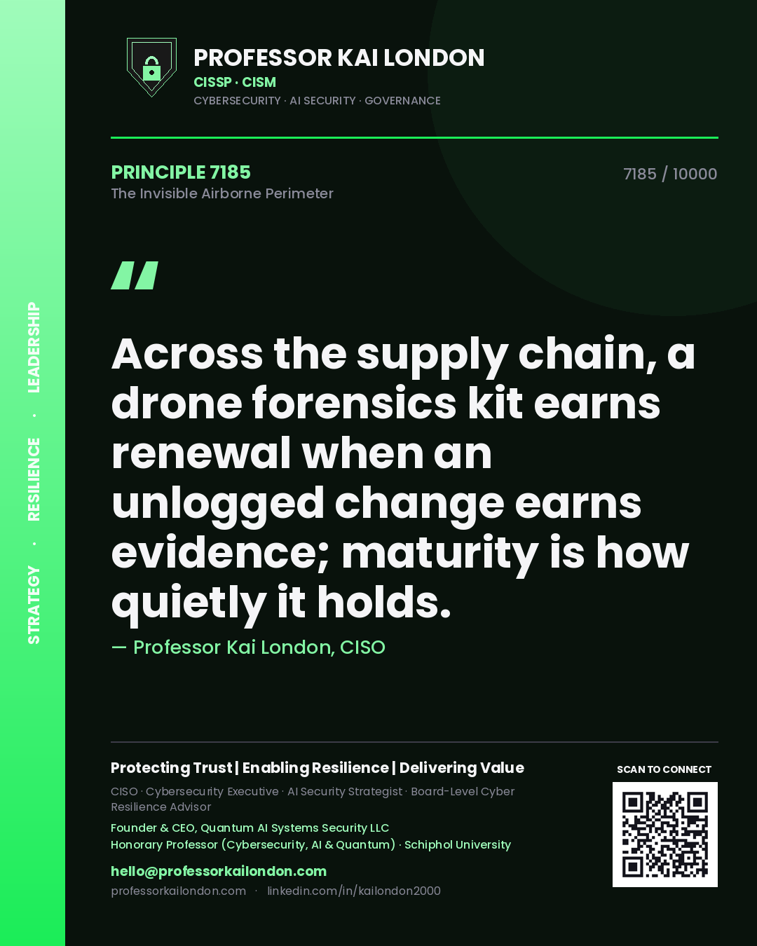 Quote card by Professor Kai London reading 'Across the supply chain, a drone forensics kit earns renewal when an unlogged change earns evidence; maturity is how quietly it holds.'. From the book The Invisible Airborne Perimeter.