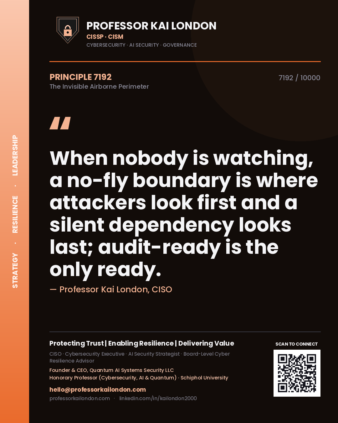 Professor Kai London principle 7192: When nobody is watching, a no-fly boundary is where attackers look first and a silent dependency looks last; audit-ready is the only ready.