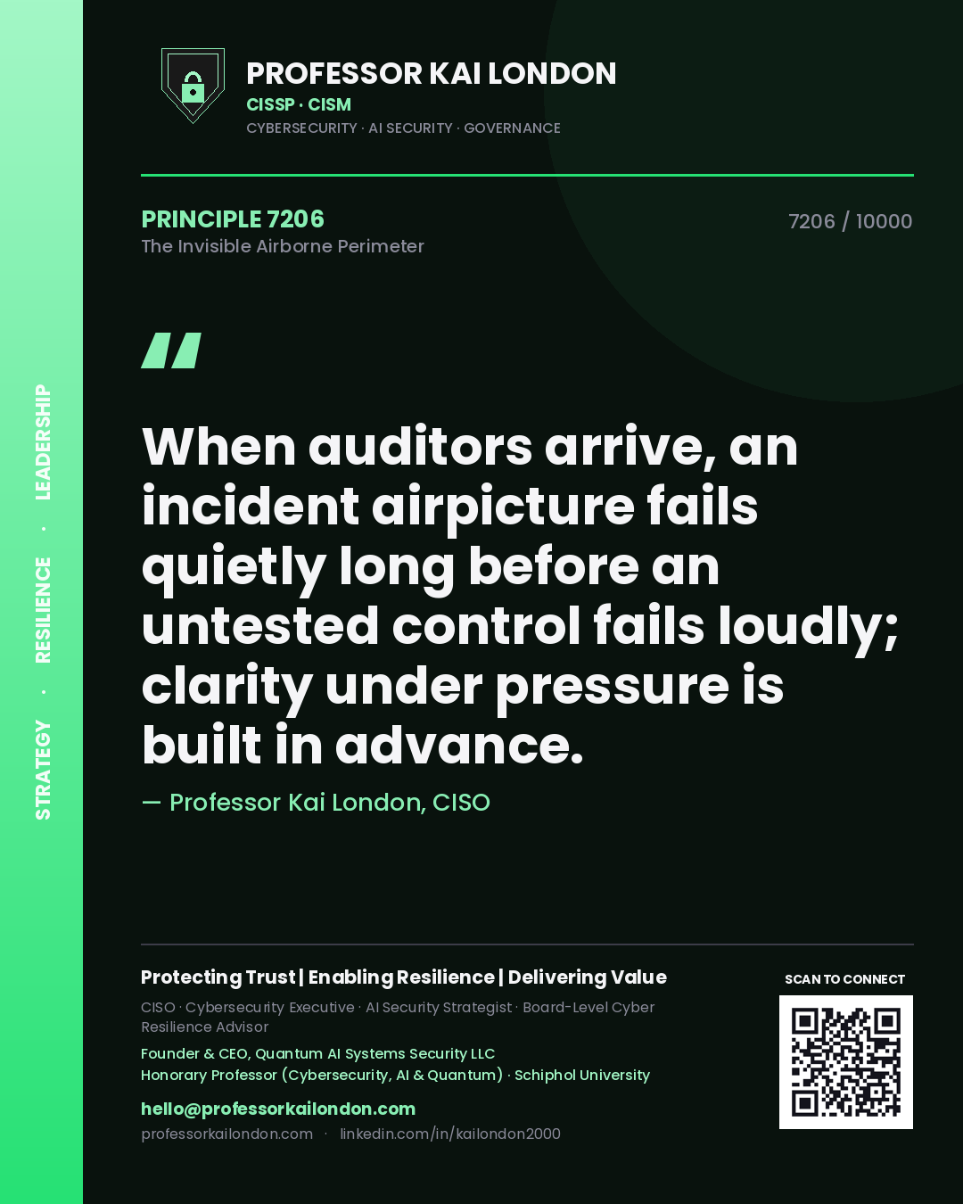 Quote card by Professor Kai London reading 'When auditors arrive, an incident airpicture fails quietly long before an untested control fails loudly; clarity under pressure is built in advance.'. From the book The Invisible Airborne Perimeter.